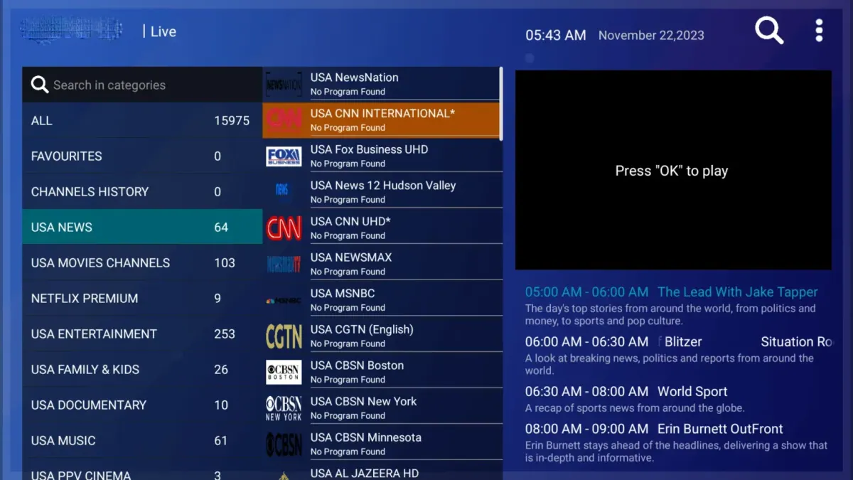 IPTV Smarters Pro displaying live TV channel grid with EPG
