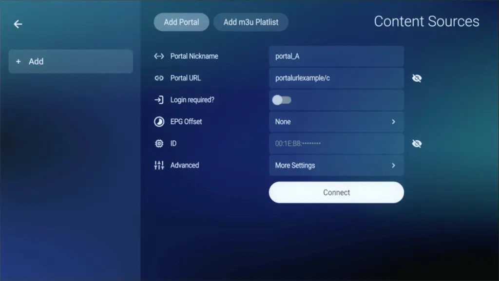 Formuler Add Portal screen showing MAC ID and credentials fields