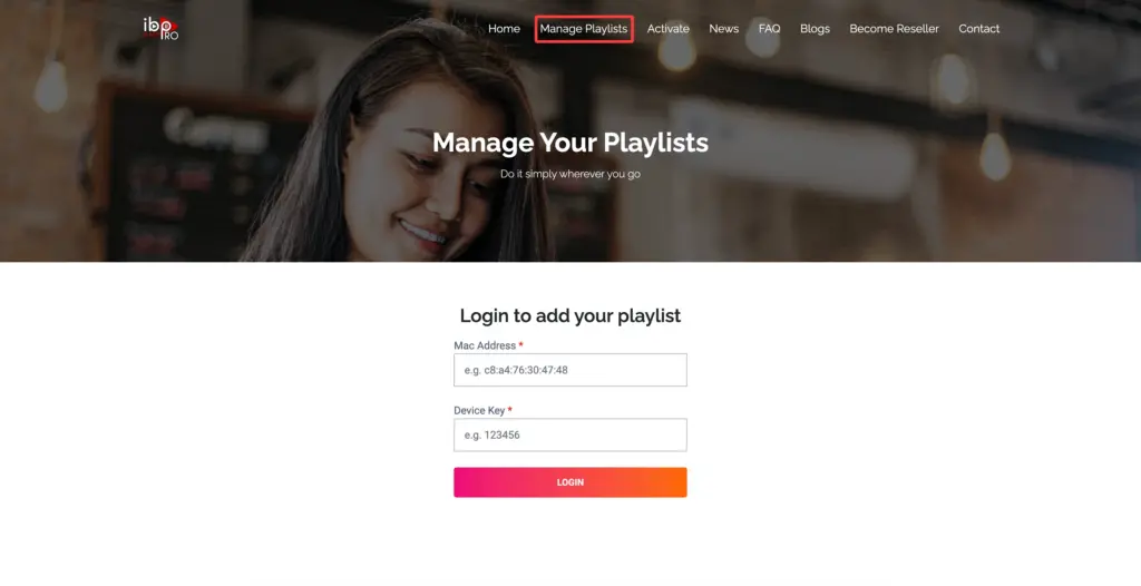 IBO Player Pro website Manage Playlists login screen