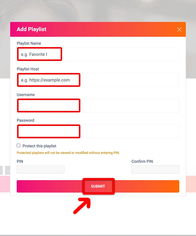 IBO Player Pro Add XC Playlist credentials input