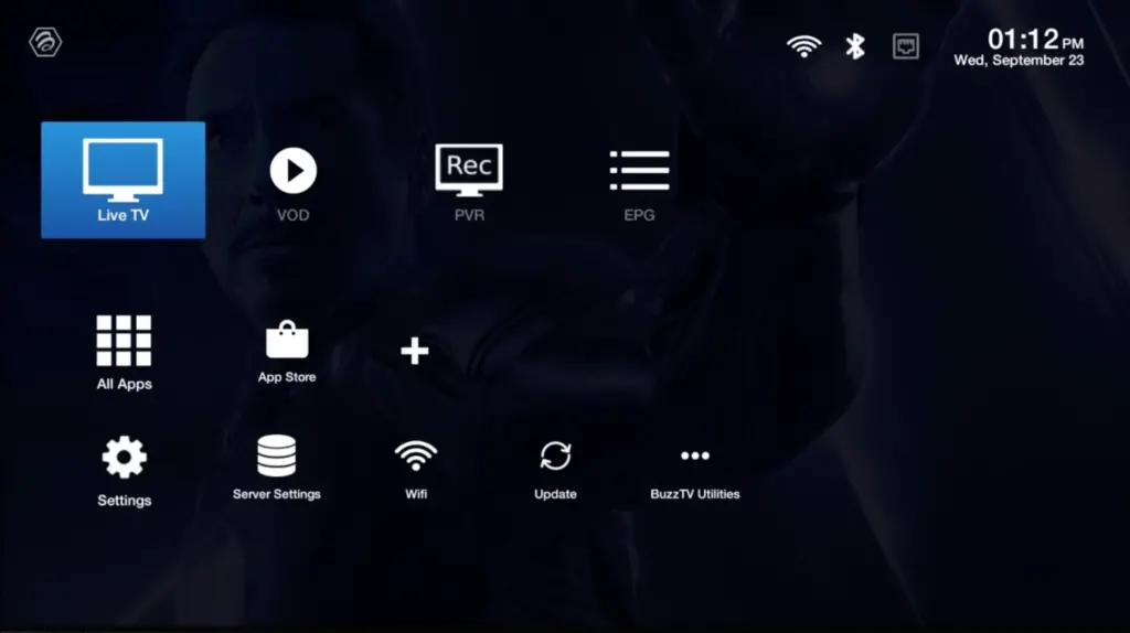 BuzzTV Settings menu showing Server option
