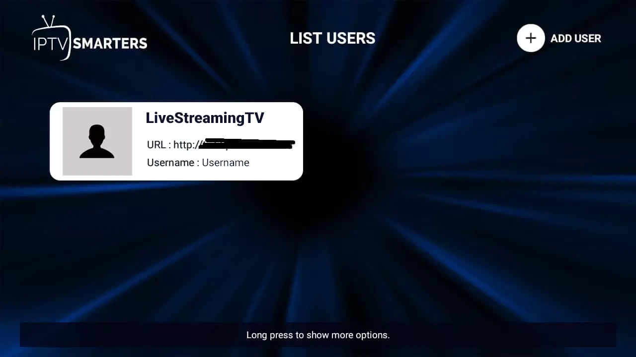 IPTV Smarters Pro user list showing the newly added Kemo TV profile selected