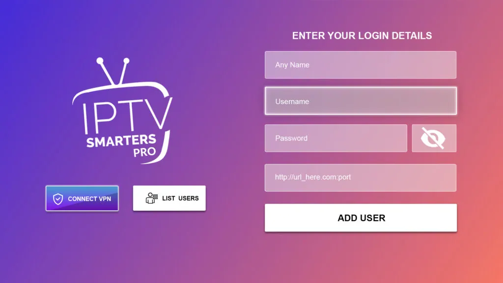 IPTV Smarters Pro Login screen with fields for Kemo TV name and Xtream Codes credentials