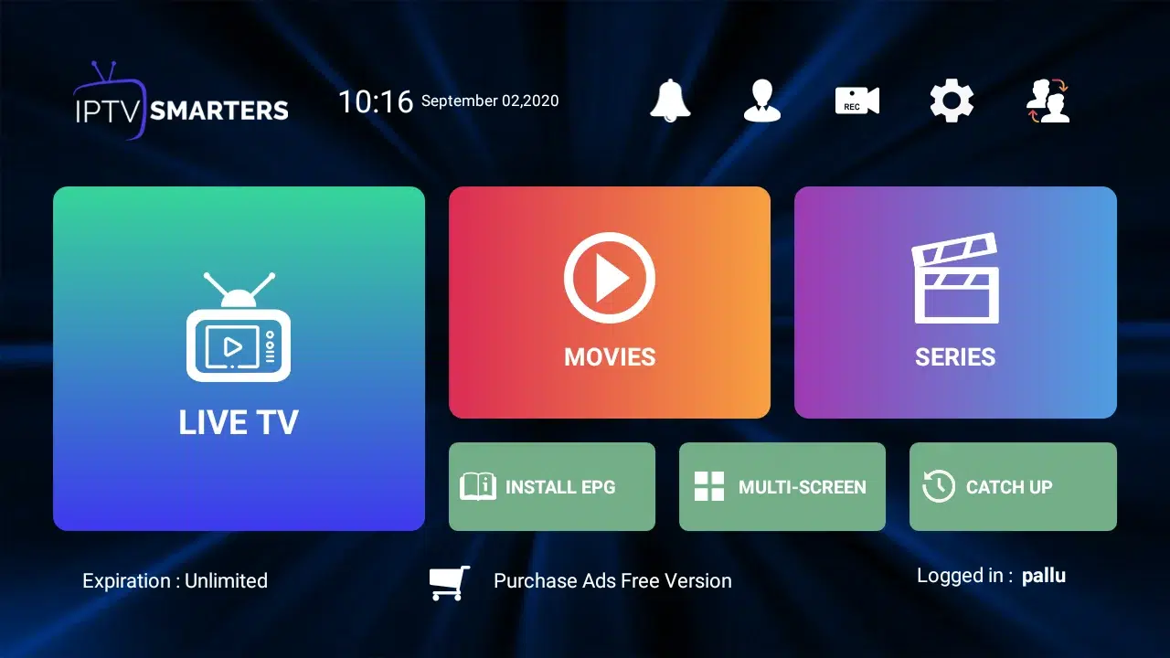 IPTV Smarters Pro home interface showing live channels and EPG guide