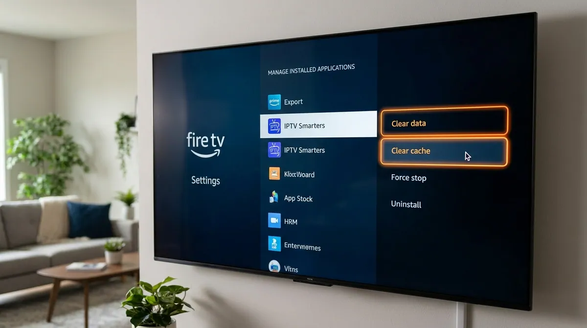 Firestick application settings menu showing clear data and clear cache buttons
