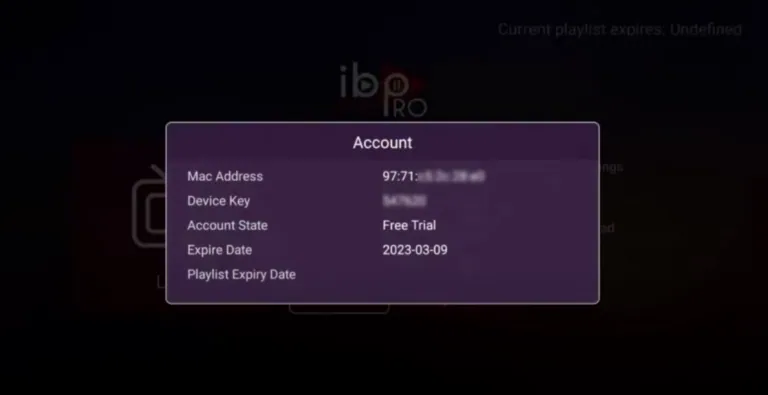 ibo Player Pro Account screen with MAC Address and Device Key