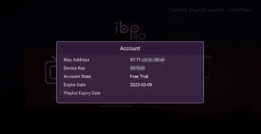 IBO Player Account screen with MAC address and Device Key