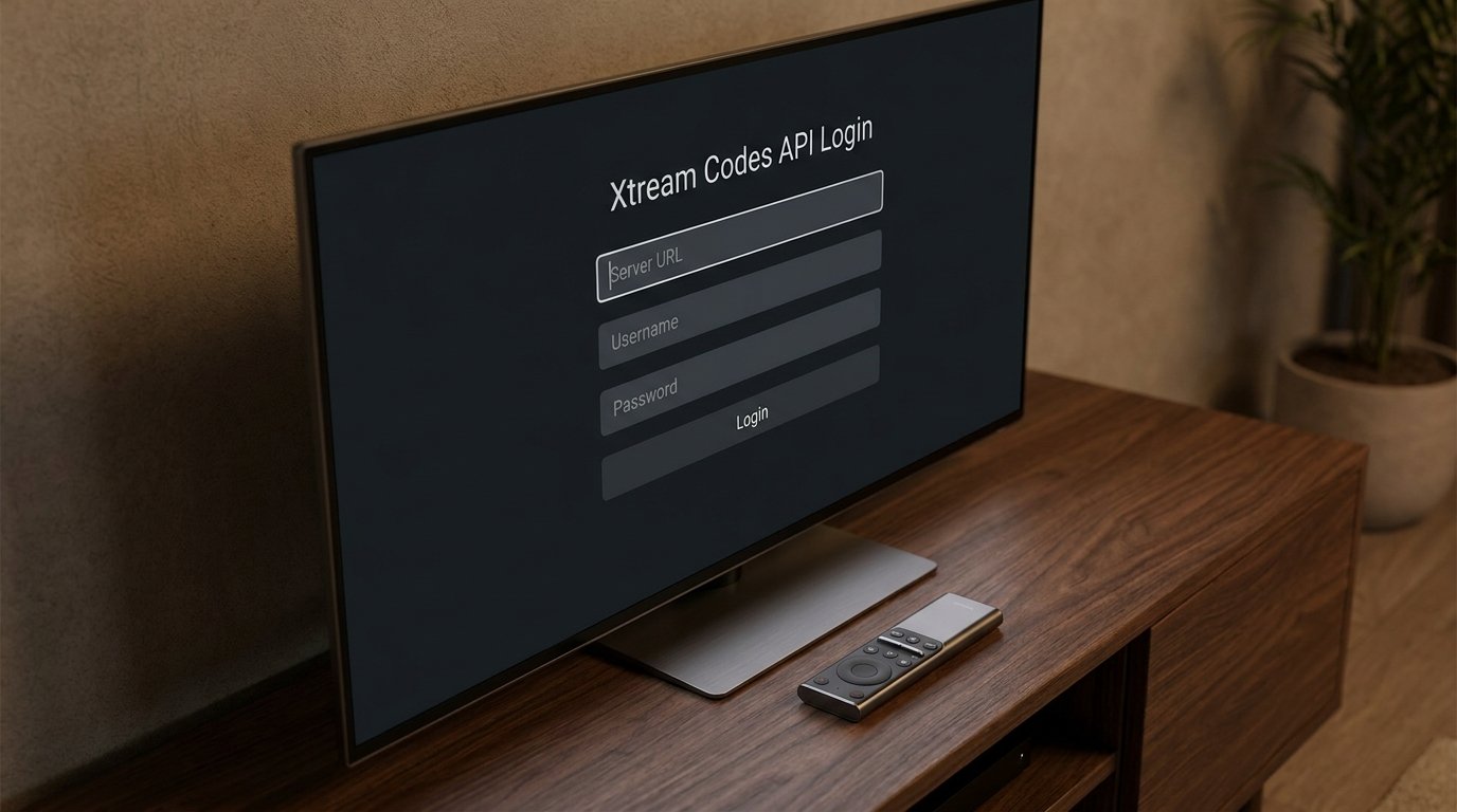 IPTV protocols explained - Xtream Codes API login screen on Smart TV display with remote control