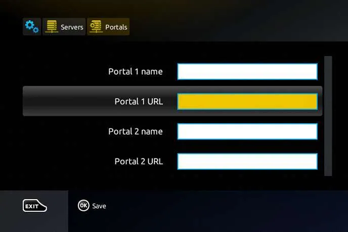 MAG Box Portal 1 settings screen with Portal Name and Portal URL