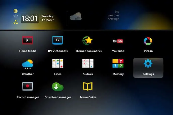 MAG Box main portal screen with Settings option highlighted