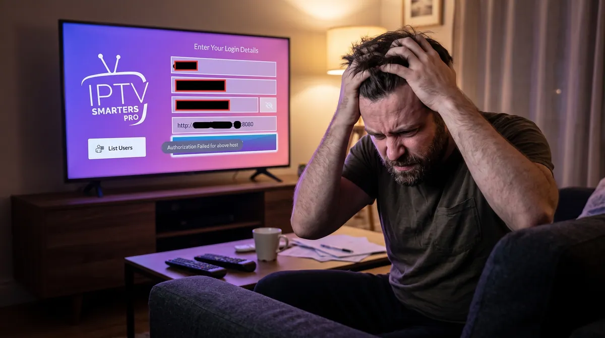 IPTV Smarters Pro failed to authorize error dialog box on smart TV screen