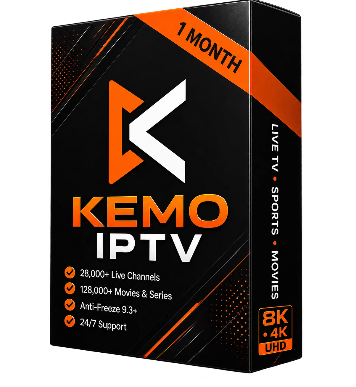 Kemo IPTV 1 month subscription package with 55,782+ live channels and 231,785+ movies and series