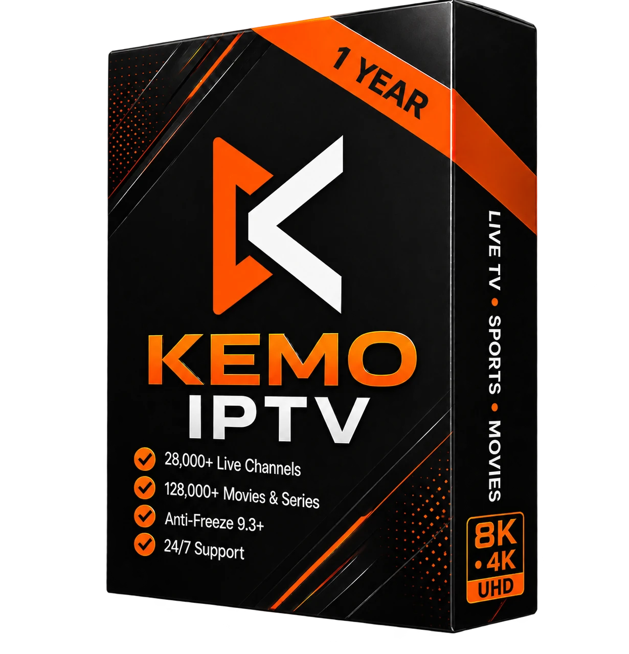 Kemo IPTV 12 month subscription package with 55,782+ live channels and 231,785+ movies and series