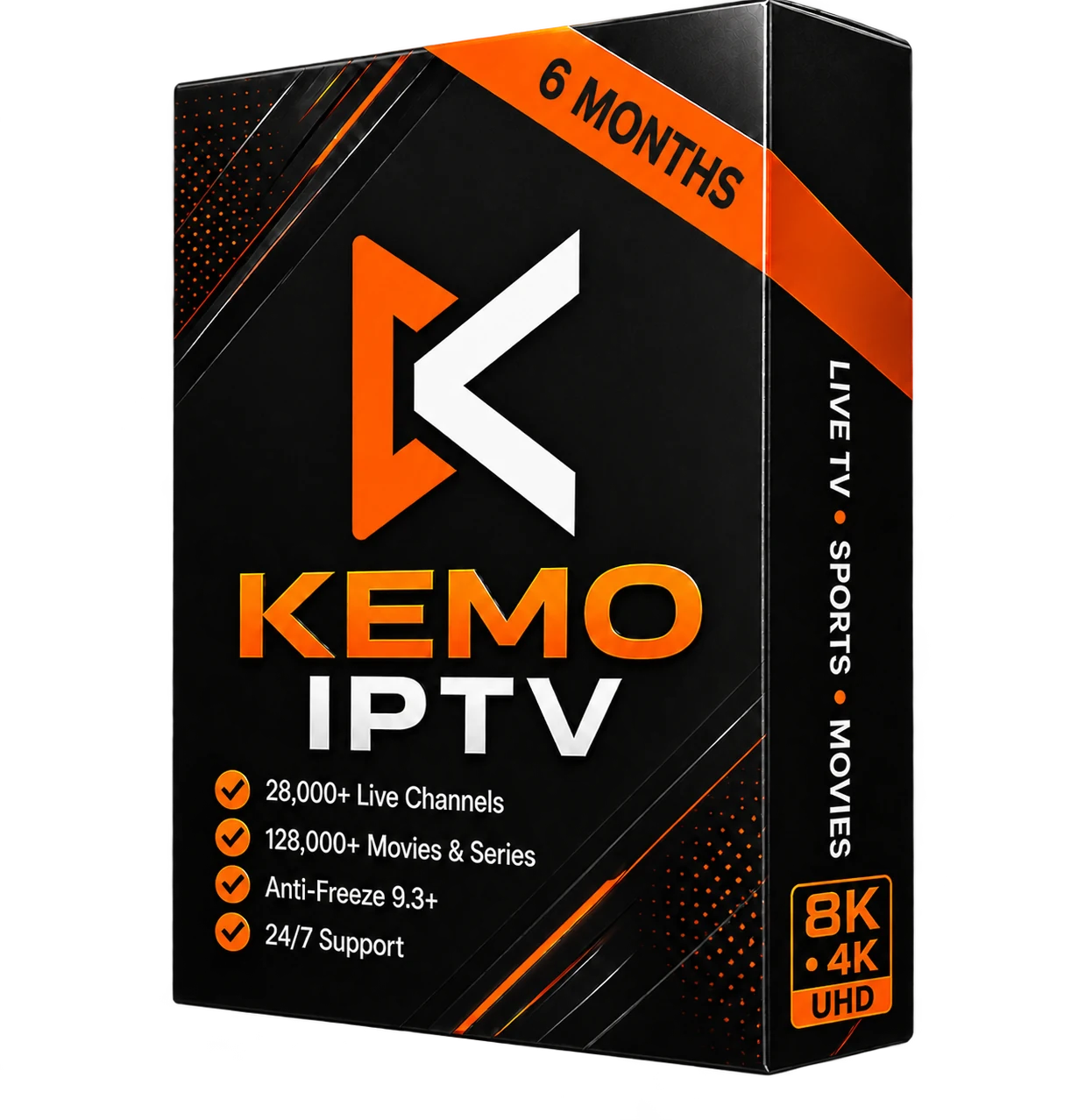 Kemo IPTV 6 month subscription package with 55,782+ live channels and 231,785+ movies and series