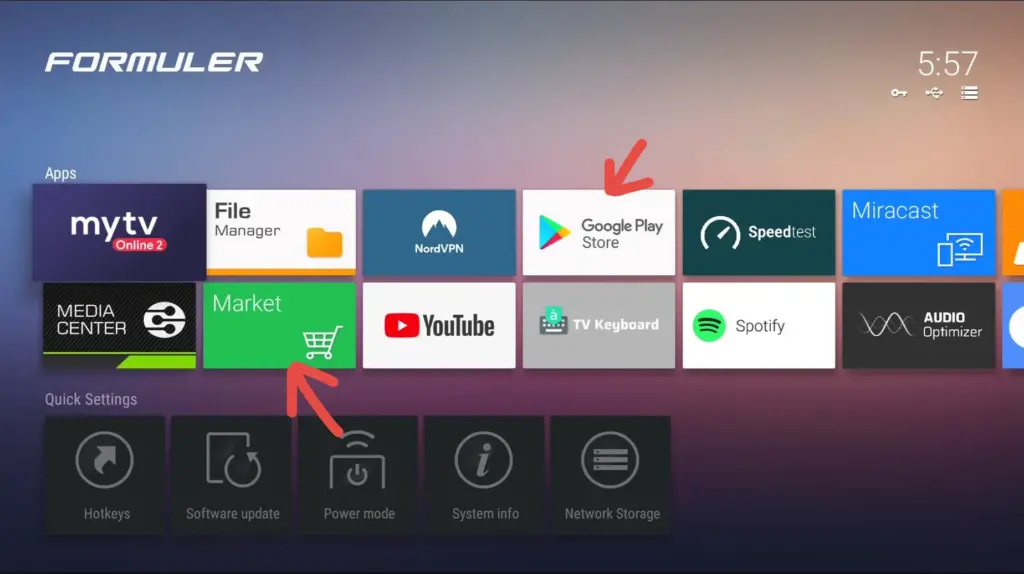 Formuler home screen pointing to MyTVOnline 2 and Market Store