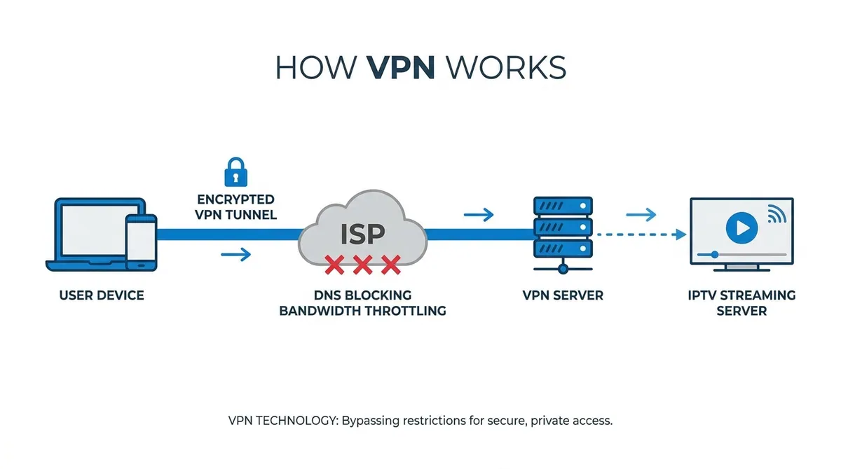Infographic illustrating VPN bypassing ISP DNS blocking and throttling for IPTV streaming