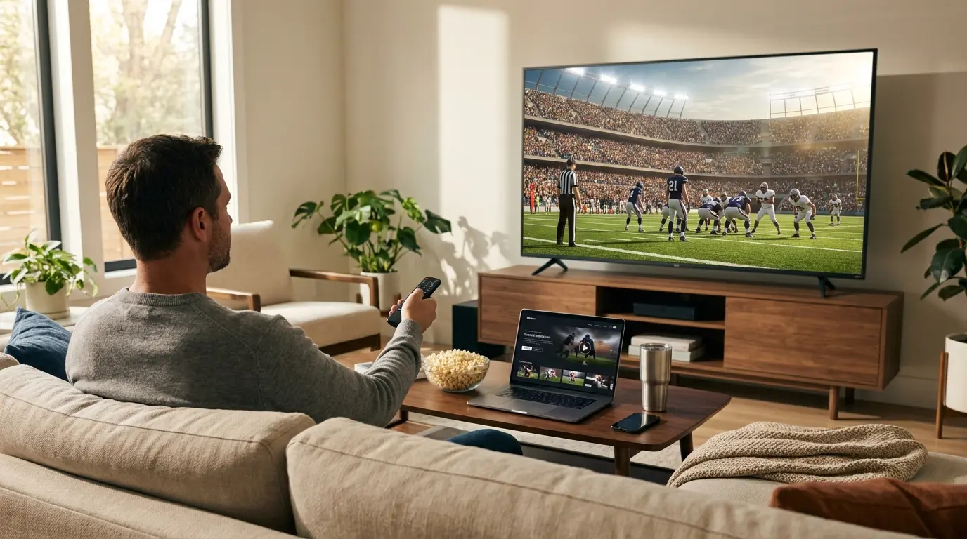 Man watching NFL 2026 live football game on TV without cable using IPTV streaming
